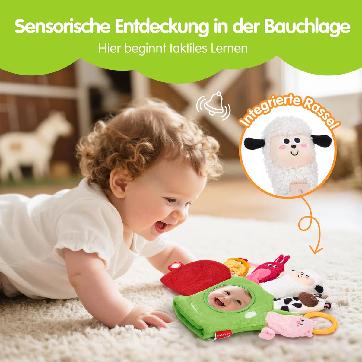 hahaland Baby Sensorik Spielzeug ab 6 12 Monaten - Bauernhof Handpuppen Fingerpuppen mit Beißring & Spiegel für Kinder, Jungen Mädchen, Tummy Time Toy, Baby Geschenk Geburt & Neugeborenen Geschenk
