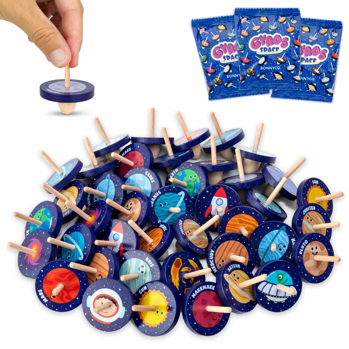 BONNYCO Kreisel für Kinder Stück 40 Weltraum Mitgebsel Kindergeburtstag Gastgeschenke. Kleine Geschenke für Kinder, Mitbringsel Kindergeburtstag. Mitgebsel Set, Give Aways. Pinata Füllung Kreisel Holz