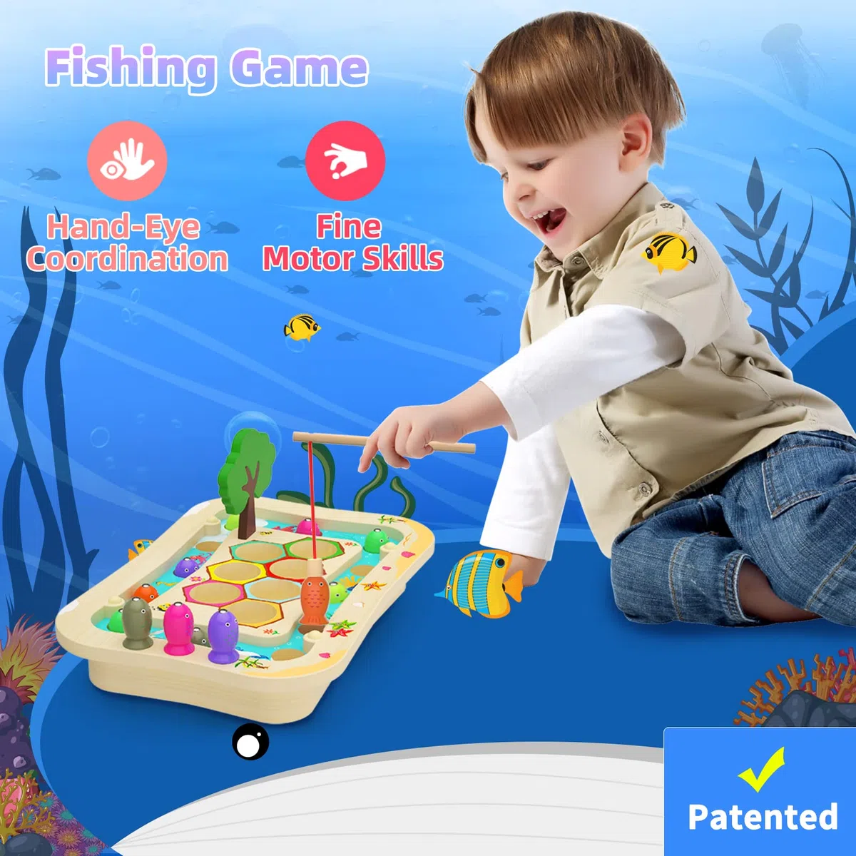 Uping Holzspielzeug AngelSpiel ab 3 Jahre, 2 in 1 Montessori Kinder Holz Magnetisches Spielzeug Mädchen Jungen Lernspielzeug Geschenk Fischspielzeug Fische Angeln, Patentschutz