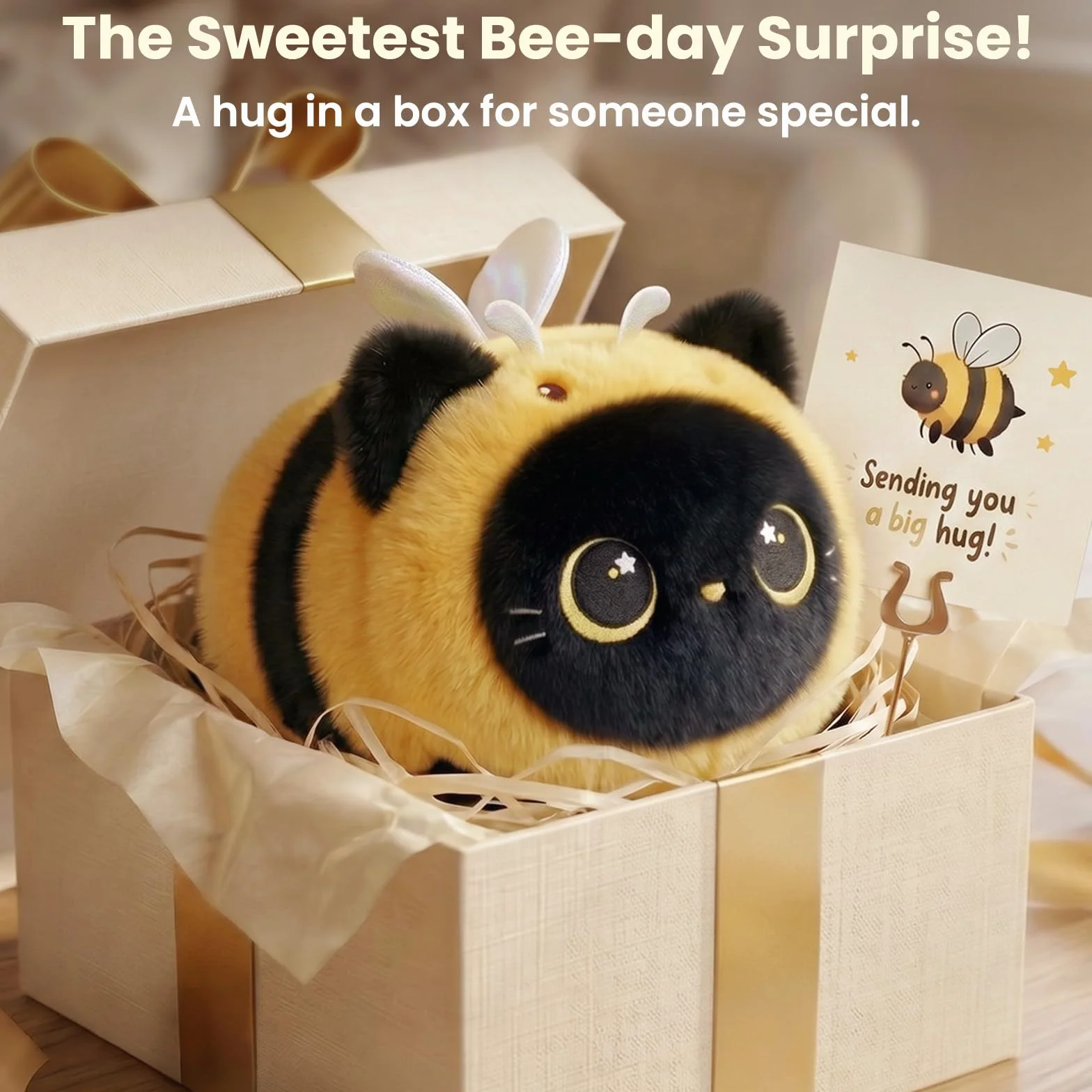 Mewaii Schwarze Katze Biene Plüschkissen 20CM Weiches Kawaii Kuscheltier für Kinder,Niedliches Katze Plüschtier,Perfektes Kuschelkissen und Geschenk