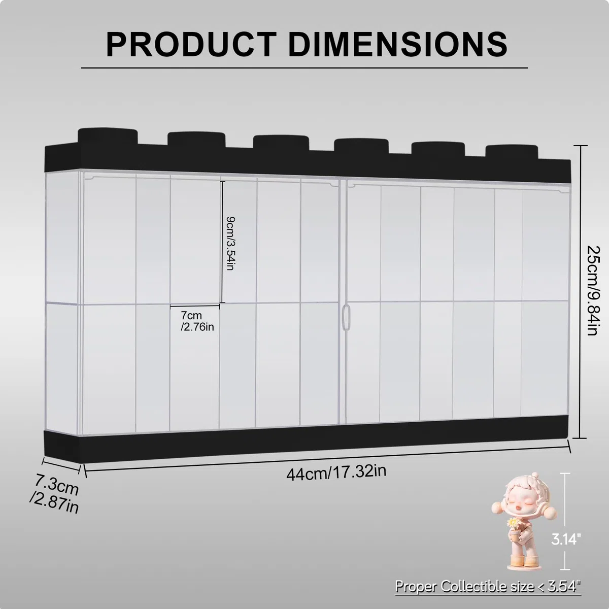 Transparente Vitrine mit Licht für Sammlerstücke, klare Acryl-Boxen für die Anzeige von Actionfiguren, Puppen, beleuchtete Trophäe, Gundam-Vitrine, staubdichte Aufbewahrungsbox (Schwarz, 12 Gitter mit