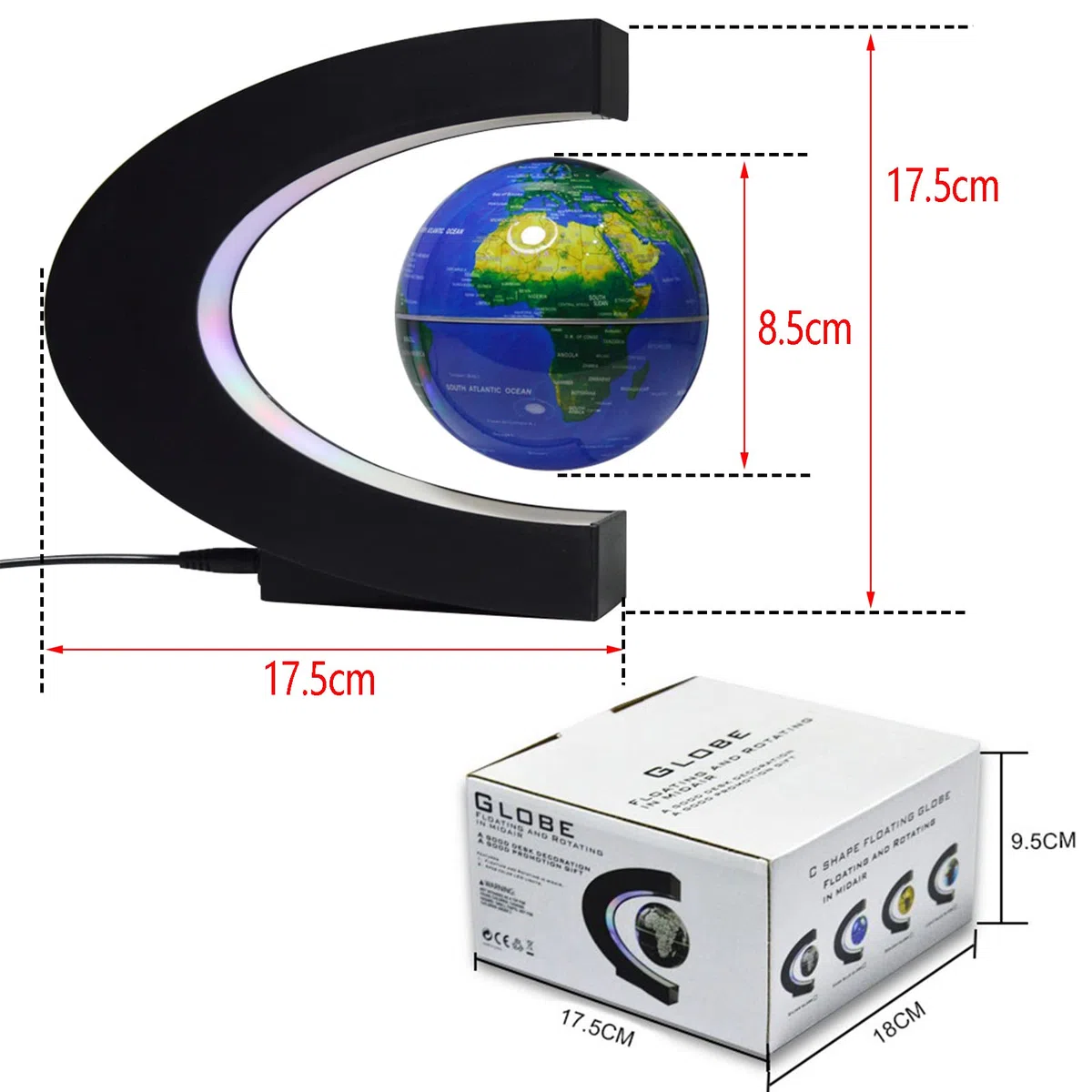 C-Form Magnetisch Schwebender Globus mit LED-Licht, Magnetische Schweben Floaten Weltkarte Globus, Rotierende Erde Globus Kugel, Automatischer Schwimmender Globus-1