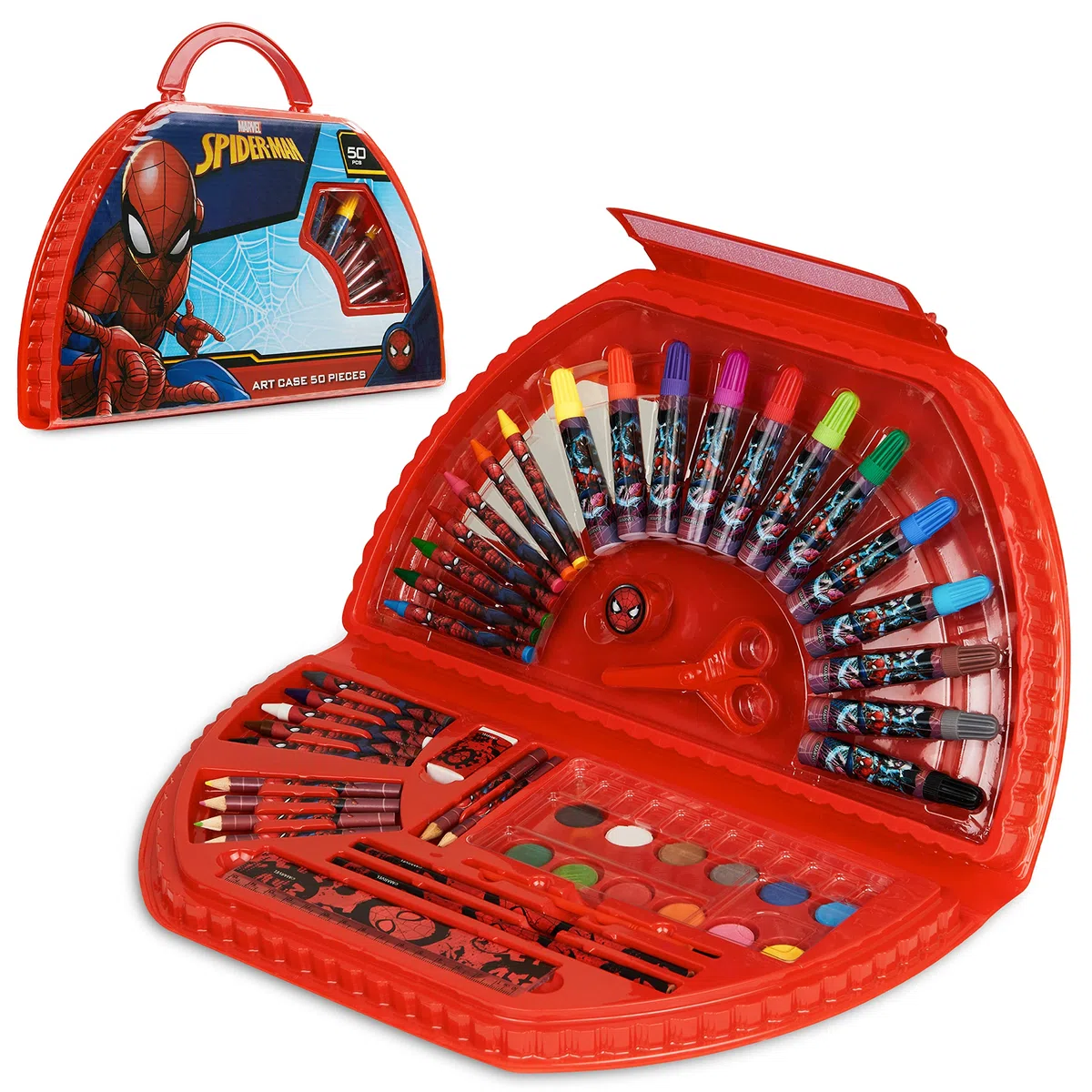 Spiderman Malset aus 49 PCS | Malkasten für Kinder in Transportbox | für Jungen ab 3 Jahren | bestehend aus Wasserfarben, Malstiften, Wachsfarben, Bleistiften | hochwertiger Malkoffer