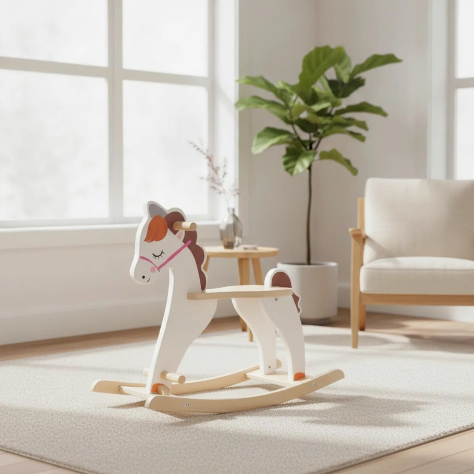 Schaukelpferd Kinder Holz Schaukelspielzeug Reittier Pferd Sitz Griff Entwicklung Balance Koordination Motorik Material Holz Lackierte Oberfläche