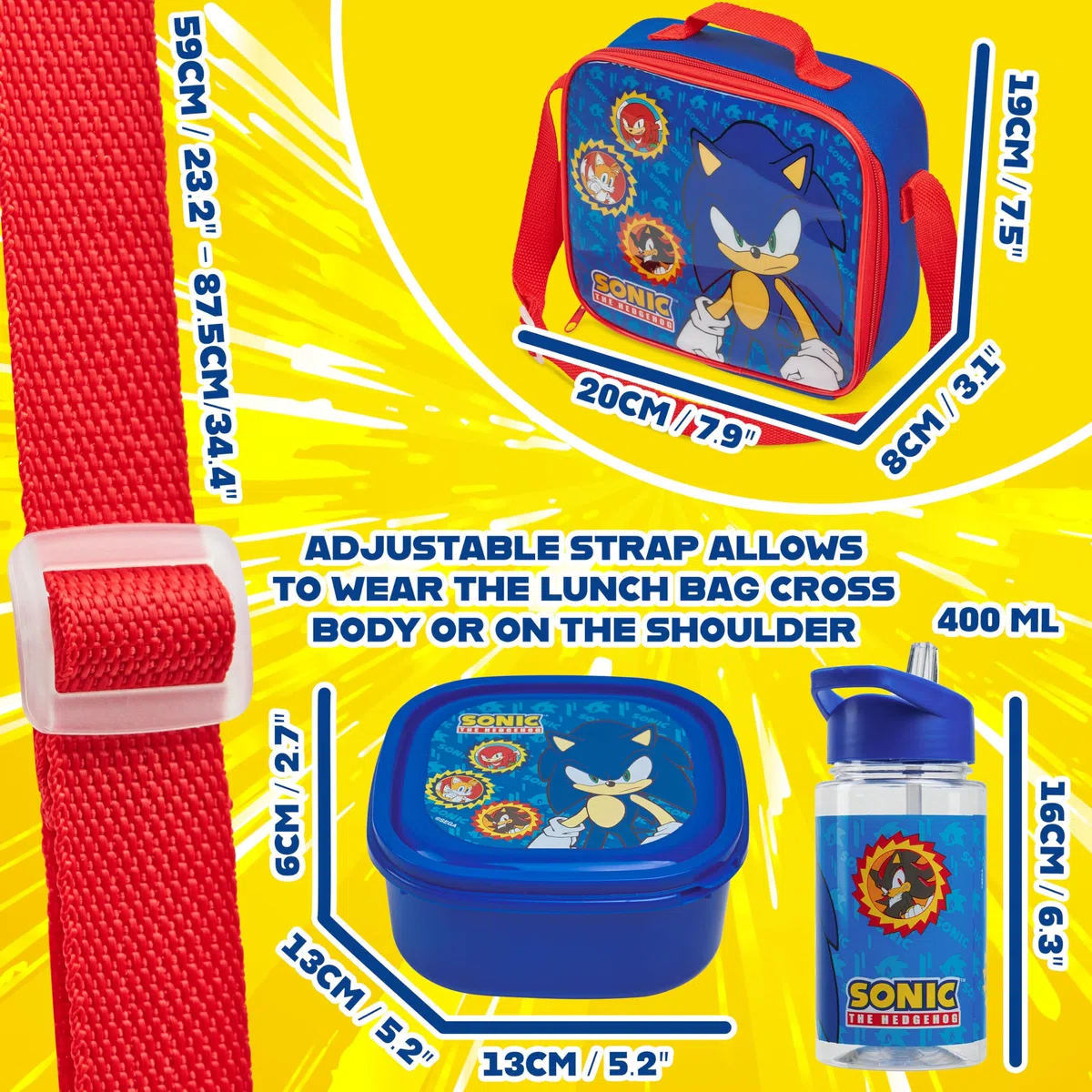 Get Trend SONIC THE HEDGEHOG Lunchtasche Kinder Set mit Trinkflasche und Lunchbox BPA Frei Isolierte Tasche für Schule Kita Kindergarten Urlaub (Sonic)
