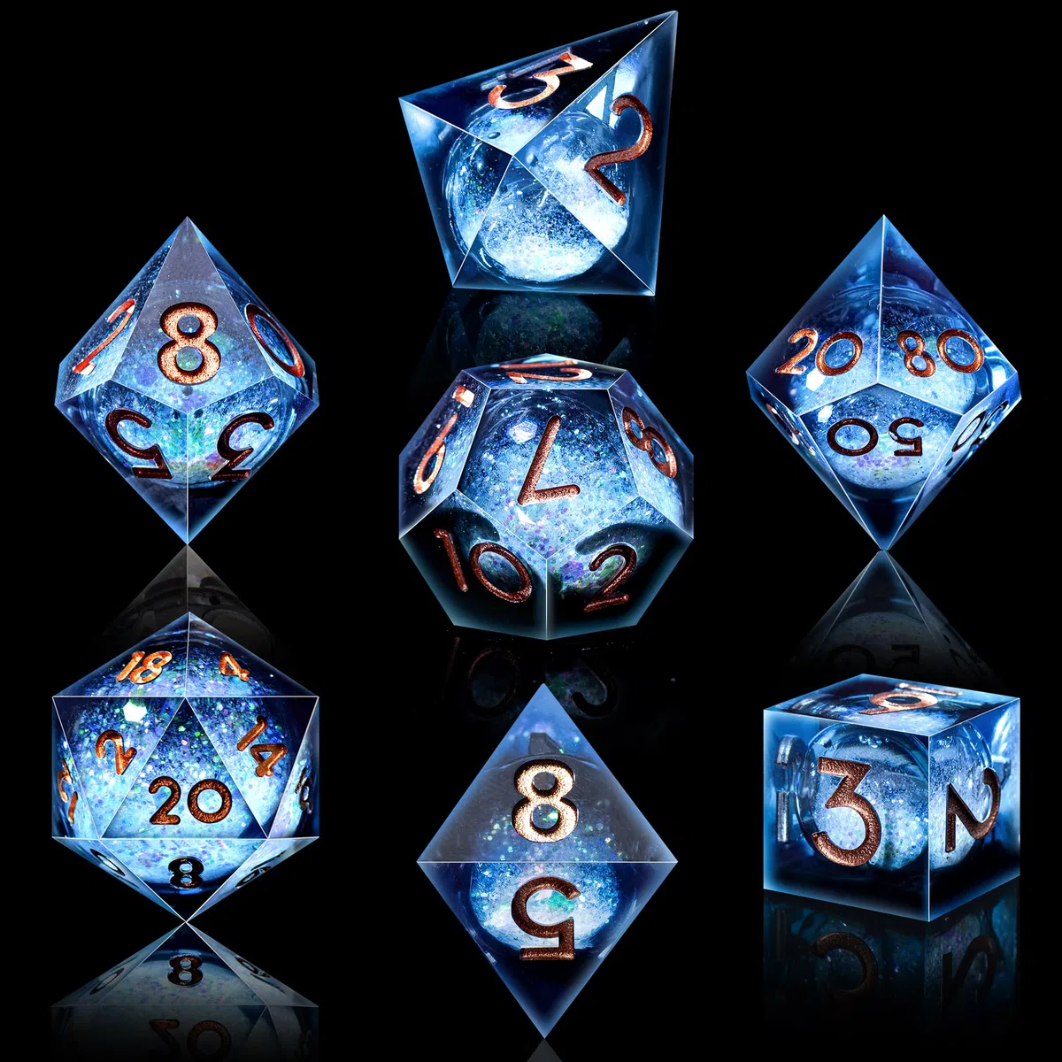 SIQUK 7 Stück Würfel Set Polyedrische Würfel Liquid Core Würfel D4 D6 D8 D10 D12 D20 D% Spielwürfel für DND RPG MTG, Blau & Schwarz, Gold