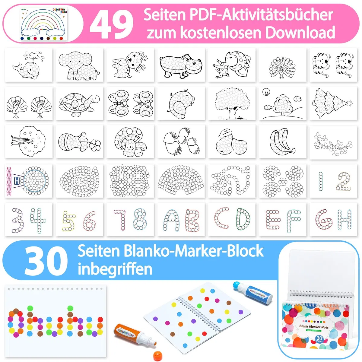 Ohuhu Bingo Dabbers, 12 Farben Auswaschbar Dot Marker für Kinder (40 ml) mit einem leeren 30 Seiten Kinder Activity Book für Vorschule ungiftig Wasser-basierte Punkt-Kunstmarker