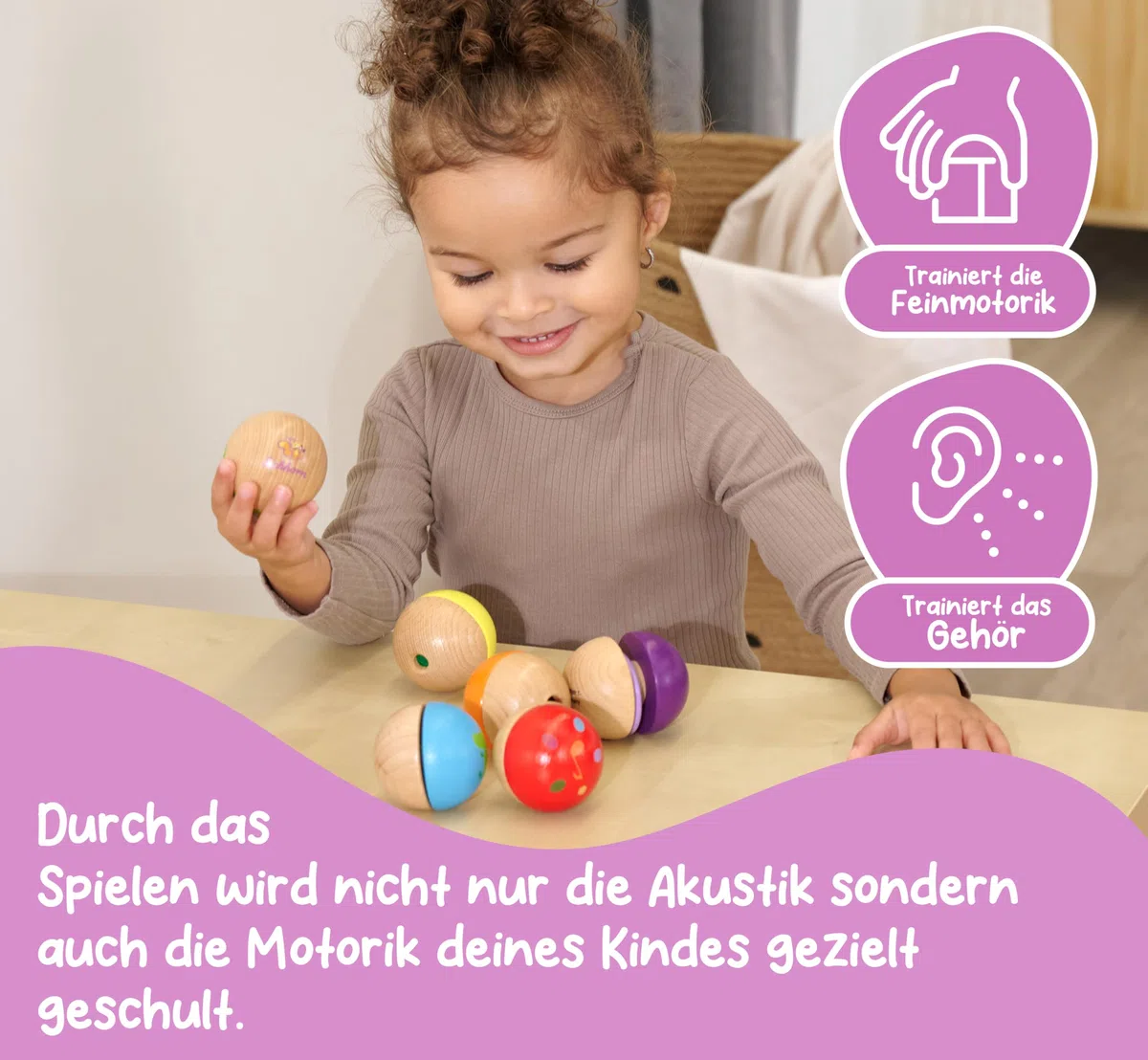 Eichhorn – Klangkugeln – 6 Bunte Holzkugeln mit Sound, die Verschiedene Geräusche Machen, für Kinder und Babys ab 12 Monaten, Holzspielzeug