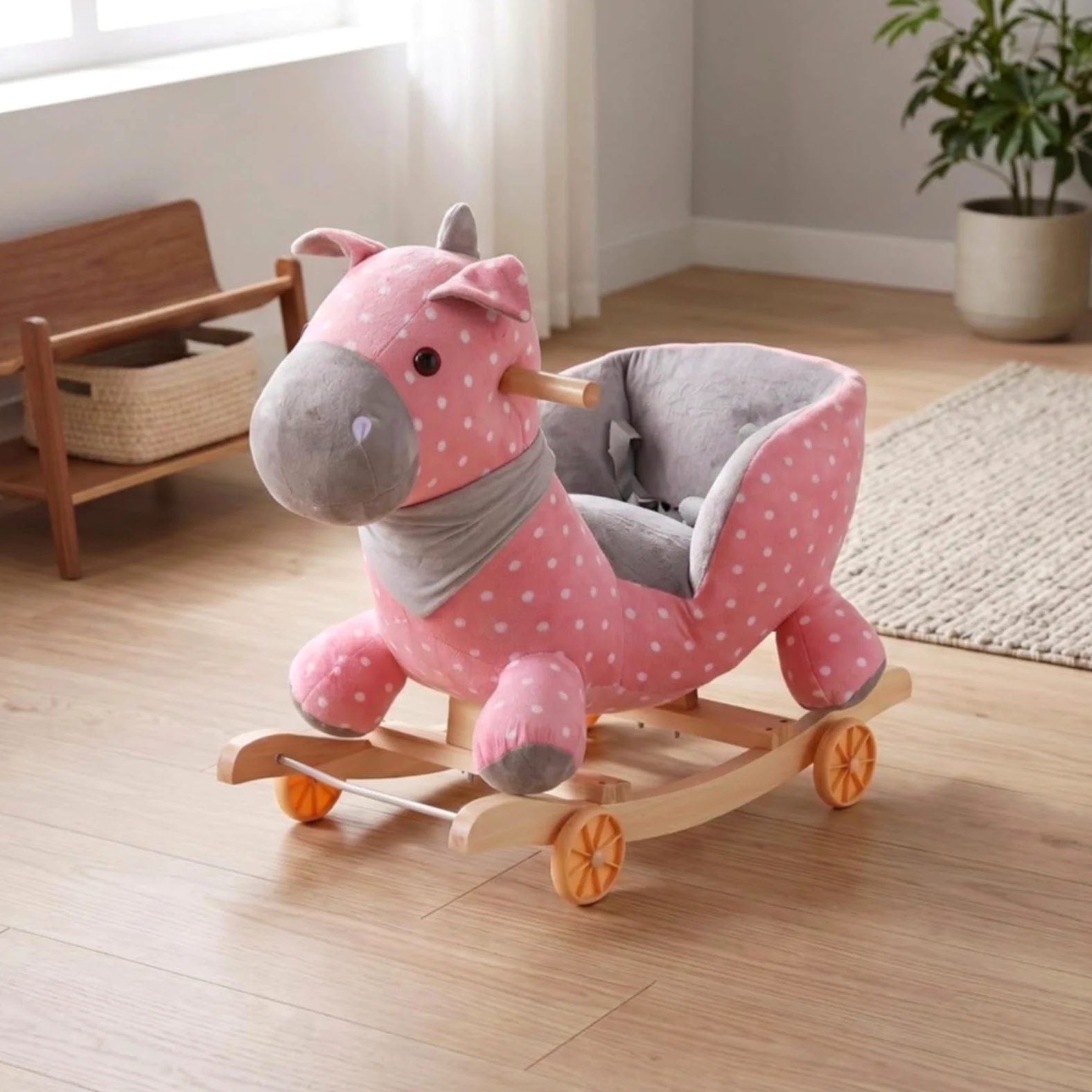 Schaukelpferd Kinder Pferde Spielzeug Reittier Plüsch Bezug auf Holz Kufen mit Rädern Bequemes Sitzen Und Stabile Haltegriffe für Kleinkinder, Rosa Gepunktetes Pferd, 60 28 50CM