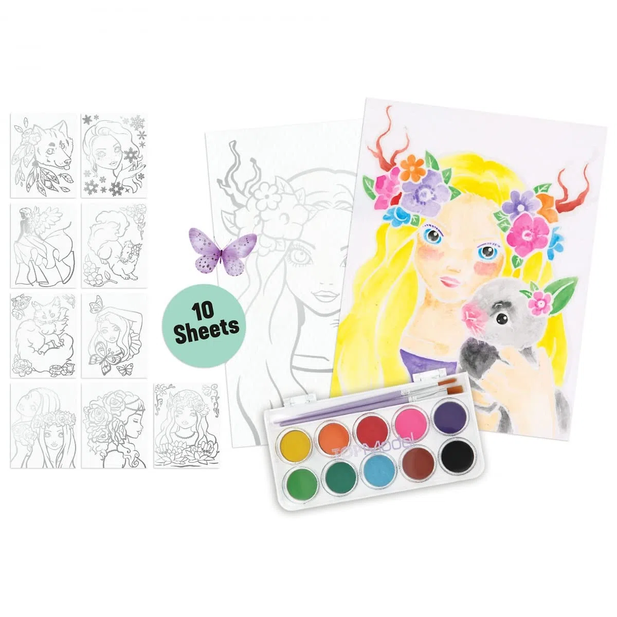 Depesche 11487 TOPModel - Colour me up Paper, Aquarellpapier mit 10 Motiven zum Ausmalen, inkl. Pinsel und Wasserfarben