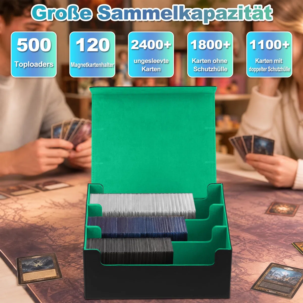 Kartenbox mit 200 Toploadern und 600 Kartenhüllen, Fasst 1800 eingehüllte Karten, Sammelkarten-Aufbewahrungsbox mit Magnetverschluss, 10 Trennern & 6 Stoppern für Sportkarten & TCGs (Schwarz und Grün)
