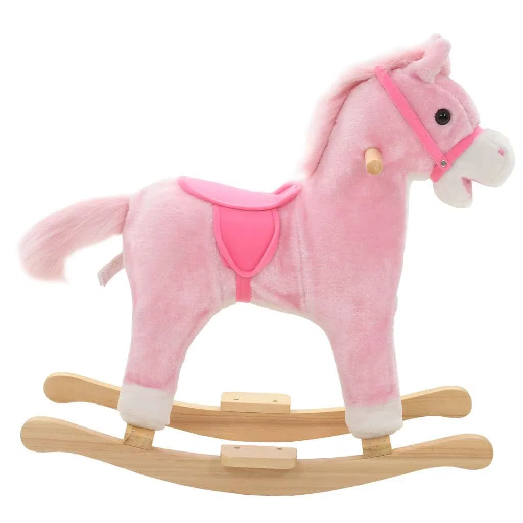 Schaukeltier Pferd Rosa für Kleinkinder, Schaukelpferd mit Metallrahmen und Holzsockel, Kuscheliges Plüschpferd für Kinder von 12 bis 36 Monaten, 65x32x58 cm