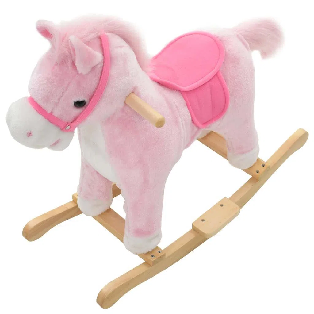 Schaukeltier Pferd Rosa für Kleinkinder, Schaukelpferd mit Metallrahmen und Holzsockel, Kuscheliges Plüschpferd für Kinder von 12 bis 36 Monaten, 65x32x58 cm