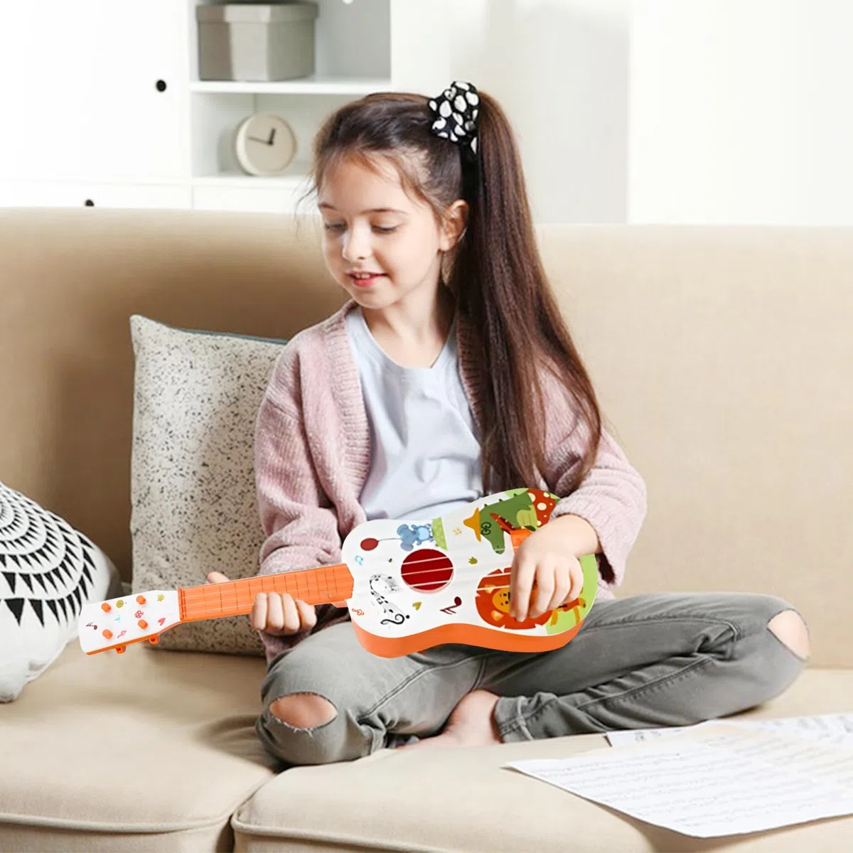 42cm Kindergitarre Mit 4 verstellbaren Saiten Ukulele Gitarre Spielzeug für Kleinkinder Anfänger Jungen Mädchen(Löwe)