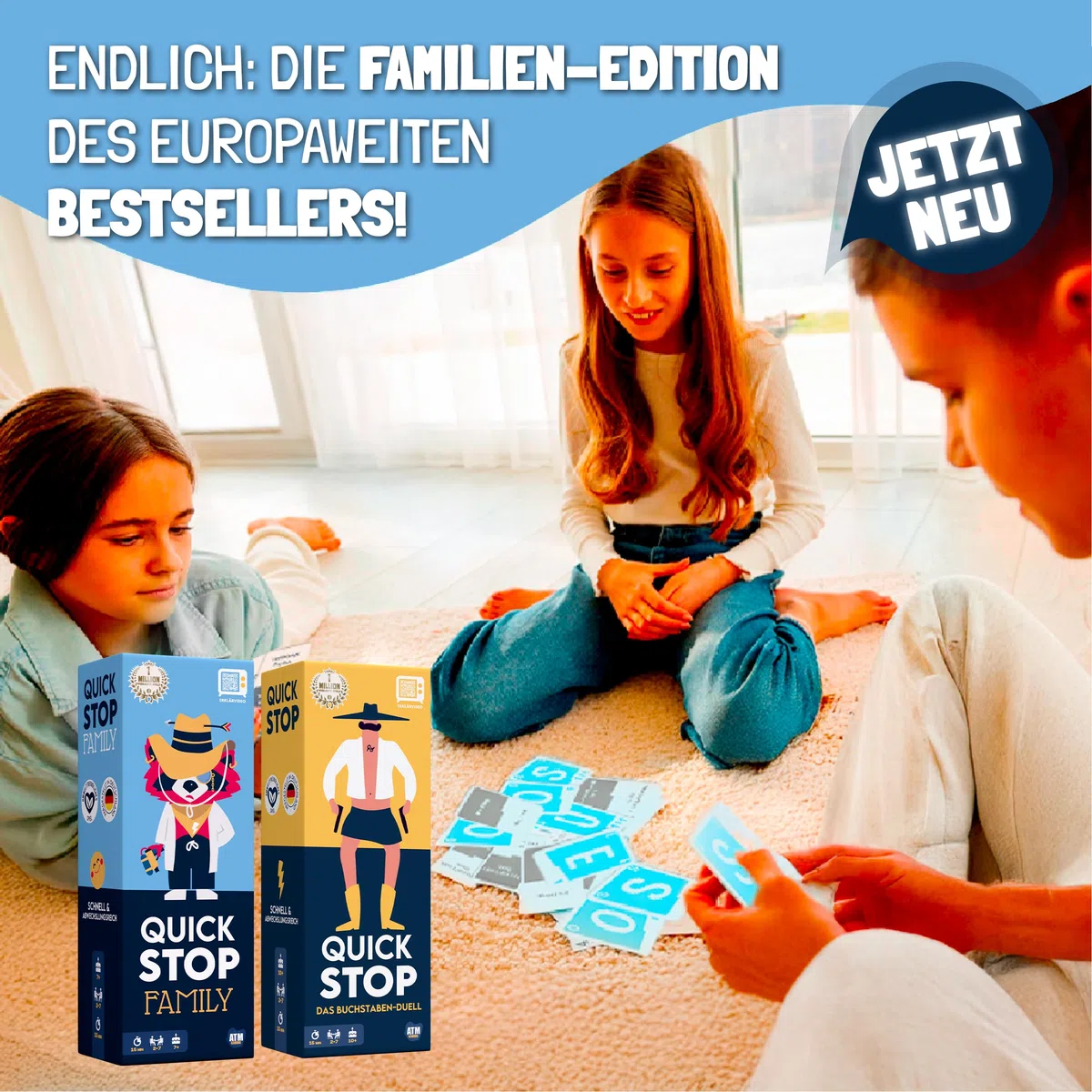 ATM Gaming QuickStop - Das Buchstaben-Duell - Familien-Edition - Kartenspiel für Kinder und Familien - Schnell und Verrückt - 2 bis 7 Spieler - Kartenspiel ab 7 Jahren - Familienspiel
