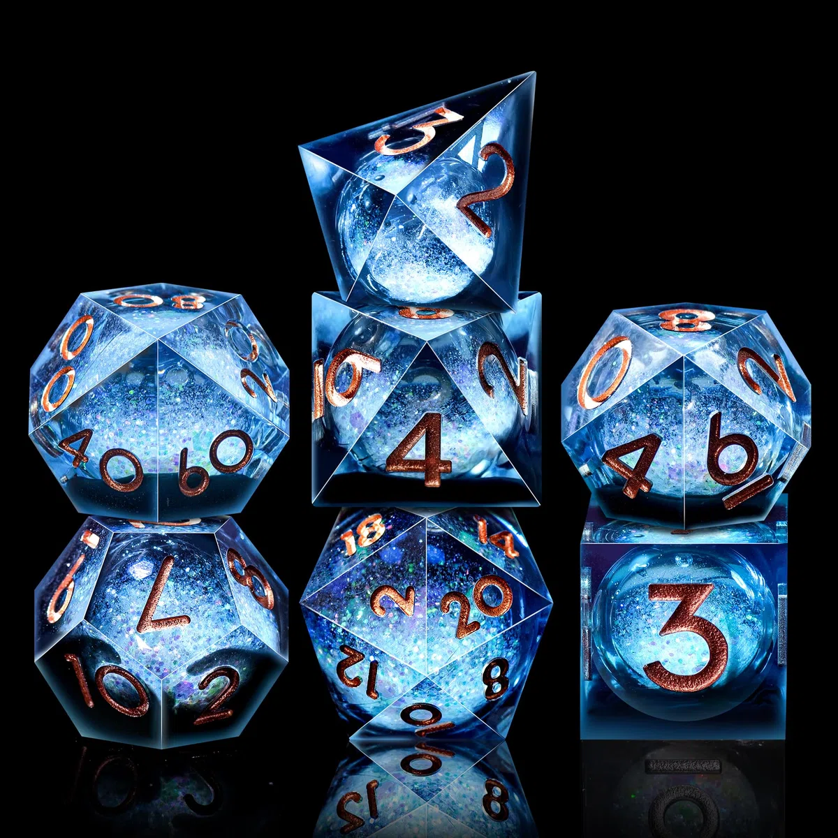 SIQUK 7 Stück Würfel Set Polyedrische Würfel Liquid Core Würfel D4 D6 D8 D10 D12 D20 D% Spielwürfel für DND RPG MTG, Blau & Schwarz, Gold