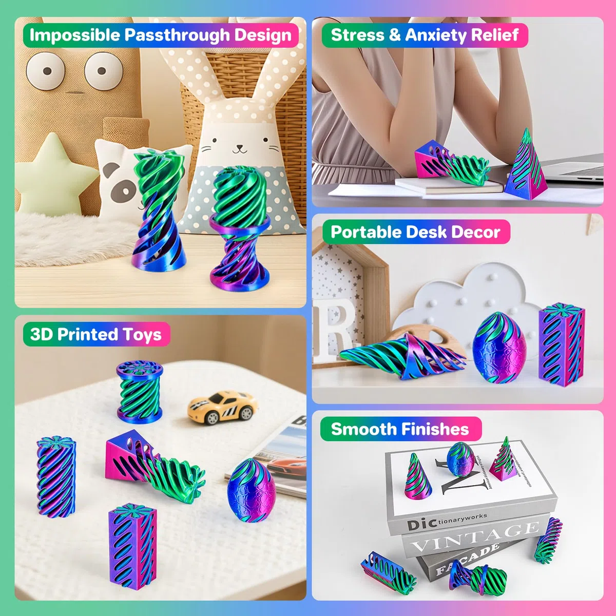 6 Packungen Spirale Fidget Kegel 3D gedruckt Spielzeug Set, Flexible Pyramide Passthrough für Stressabbau, Kinder Erwachsene Schreibtisch Spielzeug, Rosenrot & Dunkelblau & Grün