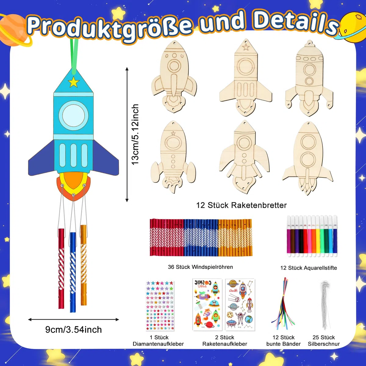 Kaluofan Windspiel Bastelset Kinder,12 STK Raketen Windspiel Basteln,DIY Kindergeburtstag Basteln Holz zum Bemalen,Weltraum Bastelset Kindergeburtstag für Jungen Mädchen Outdoor Party Deko