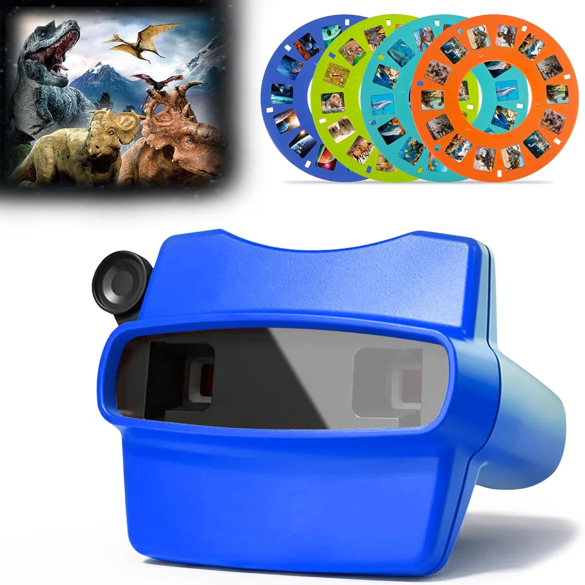 Pup Go Blau 3D-Betrachter für Kinder ab 3 Jahren, 4 Scheiben – Dinosaurier, Tiere, Ozean & Weltraum, 28 HD-Bilder, Retro klassischer Diabetrachter, pädagogisches STEM-Lernspielzeug
