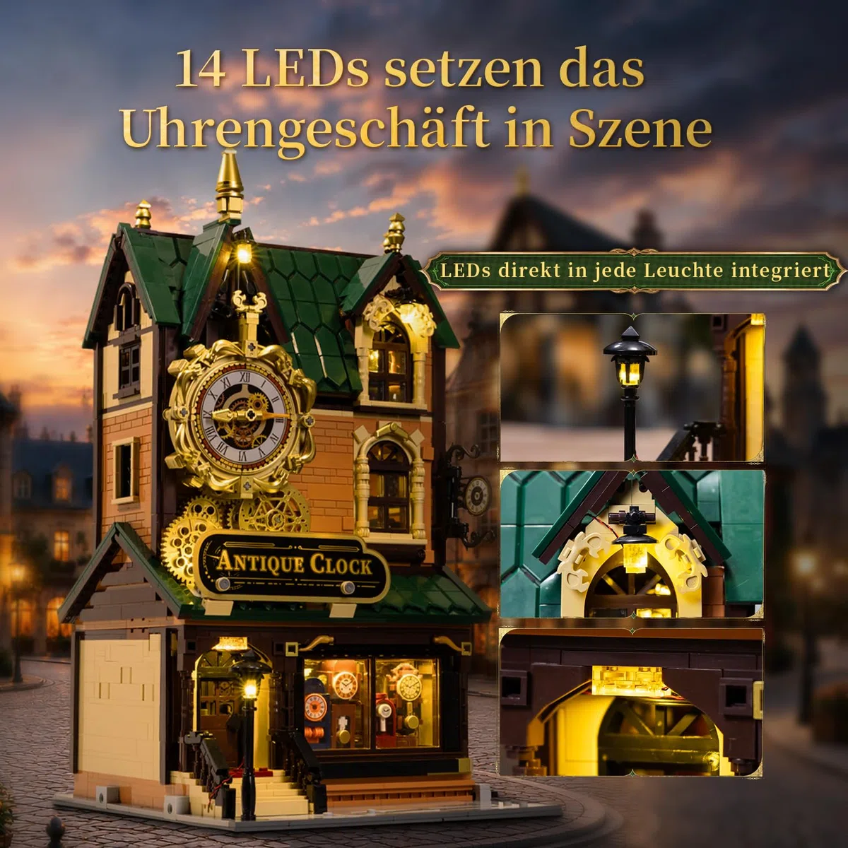 PANTASY Antiker Uhrenladen Klemmbaustein-Bauset für Erwachsene, 14 LEDs