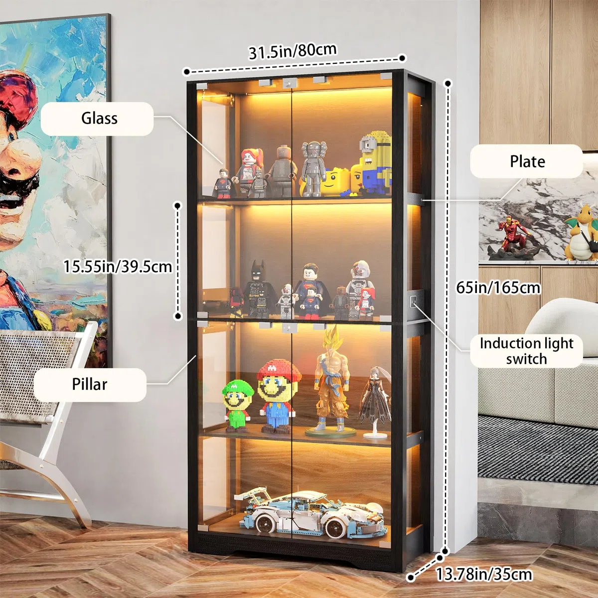 Vitrine mit LED Beleuchtung und Glastüren, Sammlervitrine für Kuriositäten Actionfiguren, Ausstellungsvitrine mit Intelligente Sensorik, 4-Lagen Vitrine für Wohnzimmer Büro (Schwarz：165*80*35cm)