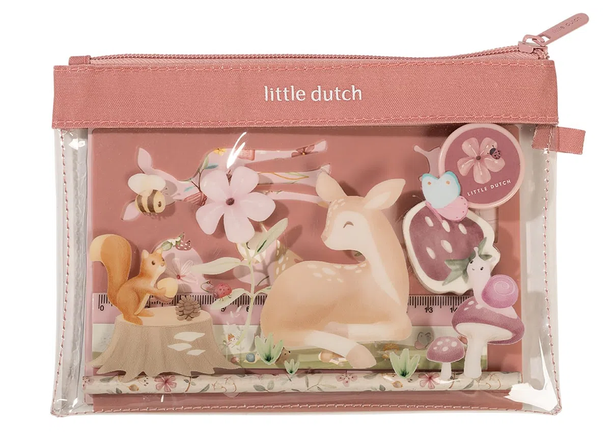 Little Dutch Schreibset (Etui, Notizbuch, Sticker, Lineal, Radiergummi, Bleistift, Anspitzer und Schablone) Kinder Mädchen REH rosa - Fairy Garden