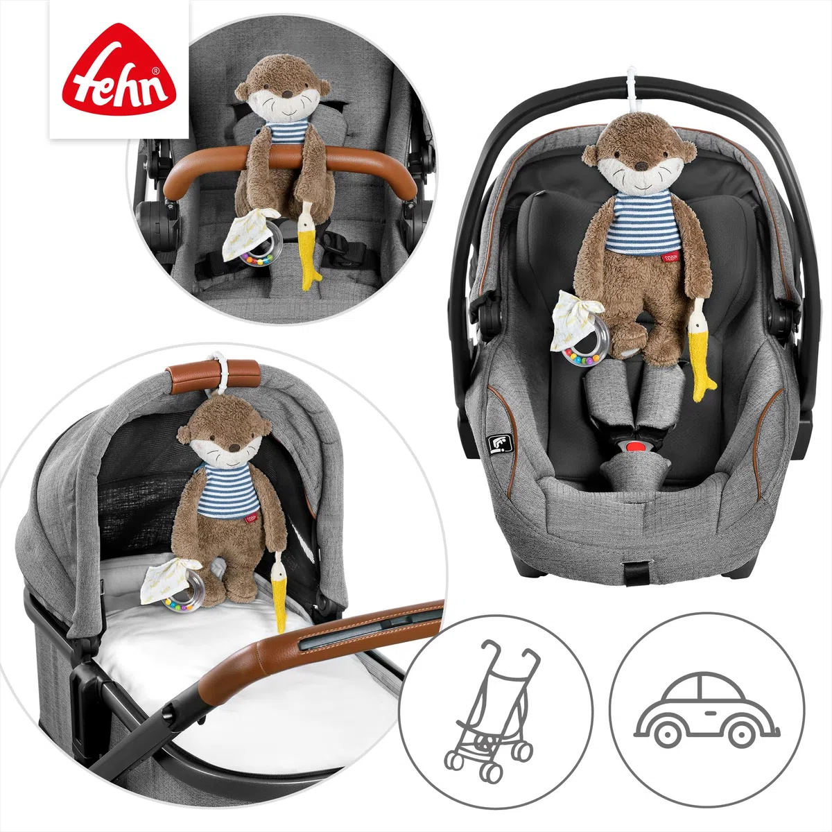 Fehn Activity-Otter Theo – Motorikspielzeug zum Aufhängen mit spannenden Anhängern zum Greifen und Geräusche erzeugen für Babys und Kleinkinder ab 0+ Monaten