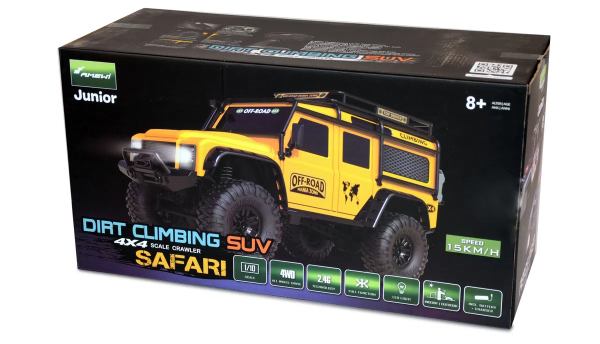 Amewi 22589 Dirt Climbing SUV Safari Crawler 4WD 1:10 RTR inkl. Akku, Fernsteuerung, Ladekabel, Gelb