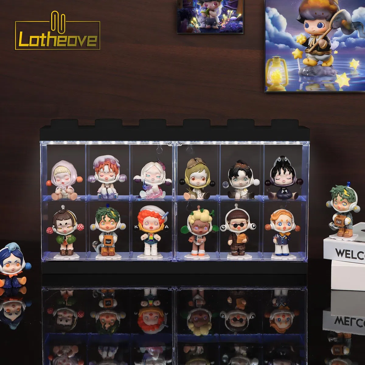 Transparente Vitrine mit Licht für Sammlerstücke, klare Acryl-Boxen für die Anzeige von Actionfiguren, Puppen, beleuchtete Trophäe, Gundam-Vitrine, staubdichte Aufbewahrungsbox (Schwarz, 12 Gitter mit
