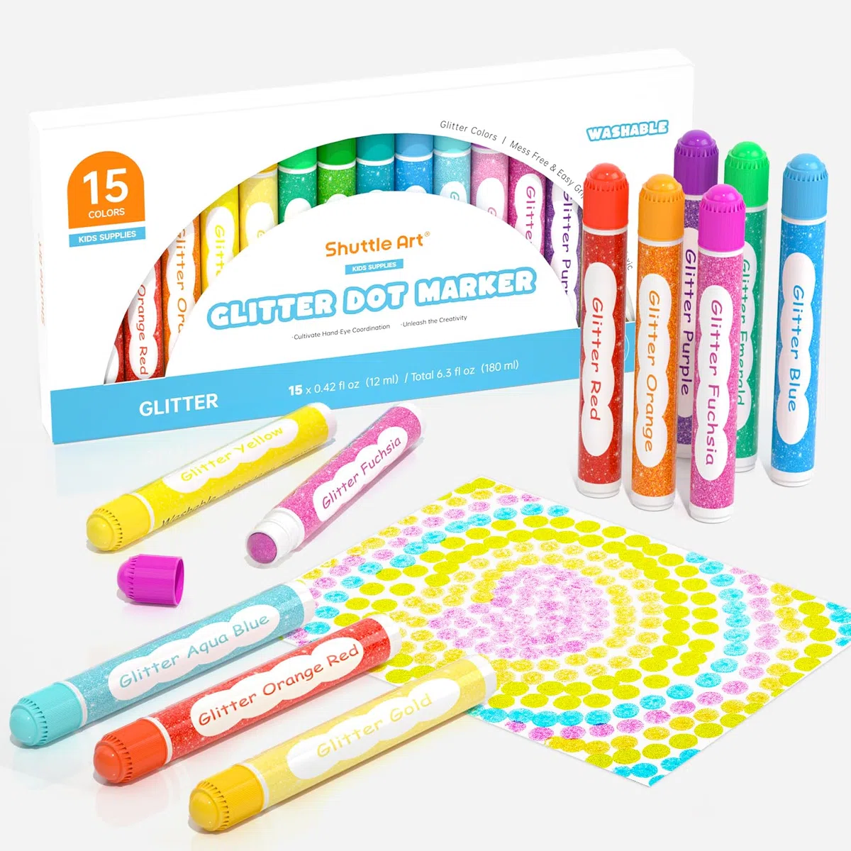 Shuttle Art 15 Glitzer Dot Markers, Kinderstifte auswaschbar, Bingo Marker, Stempelstifte für Kinder zum Malen & Bingo Painting Set, Bingo Dabber Pen mit ungiftiger Wasserbasis Tinte, Punkt Marker Set