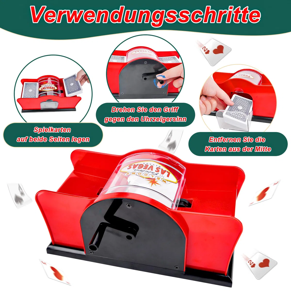 Pipihome Manuelles Kartenmischmaschine, Mischmaschine Karten für 2 Decks mit Kurbel, Kartenmischer Card Shuffler, Kartenmischgerät für Spielkarten bis 91 mm UNO, Poker, Texas Hold Em, Omaha, Baccarat