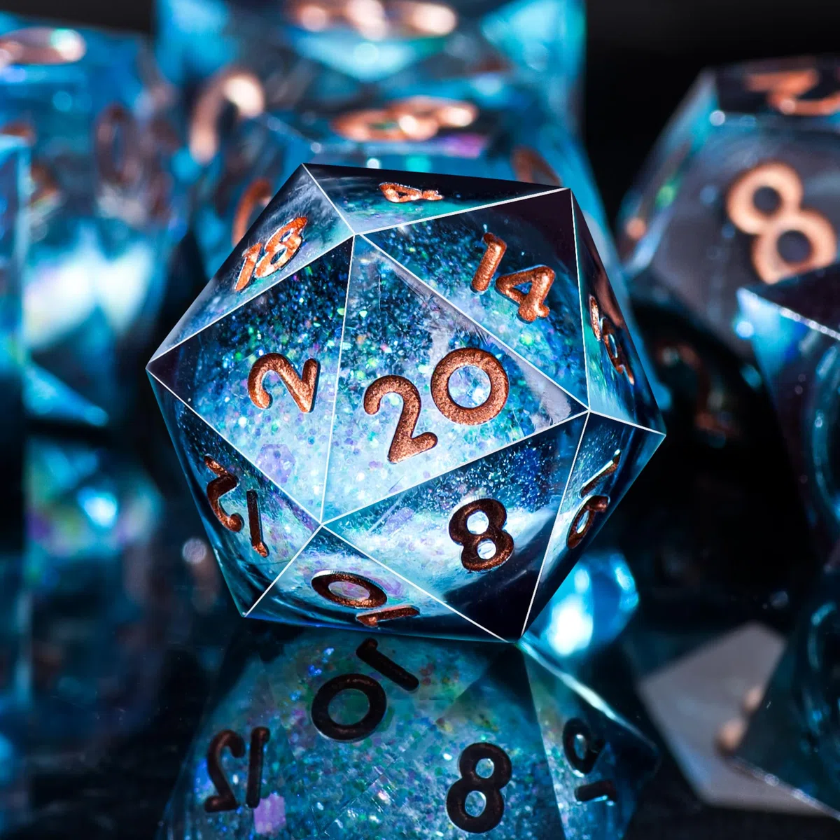 SIQUK 7 Stück Würfel Set Polyedrische Würfel Liquid Core Würfel D4 D6 D8 D10 D12 D20 D% Spielwürfel für DND RPG MTG, Blau & Schwarz, Gold