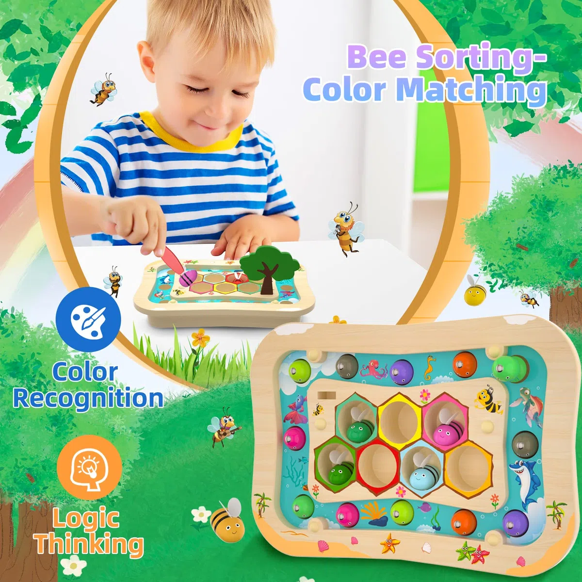 Uping Holzspielzeug AngelSpiel ab 3 Jahre, 2 in 1 Montessori Kinder Holz Magnetisches Spielzeug Mädchen Jungen Lernspielzeug Geschenk Fischspielzeug Fische Angeln, Patentschutz