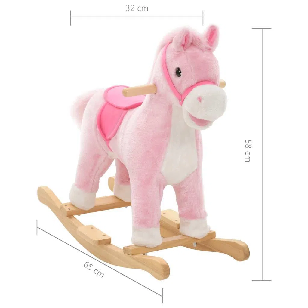 Schaukeltier Pferd Rosa für Kleinkinder, Schaukelpferd mit Metallrahmen und Holzsockel, Kuscheliges Plüschpferd für Kinder von 12 bis 36 Monaten, 65x32x58 cm