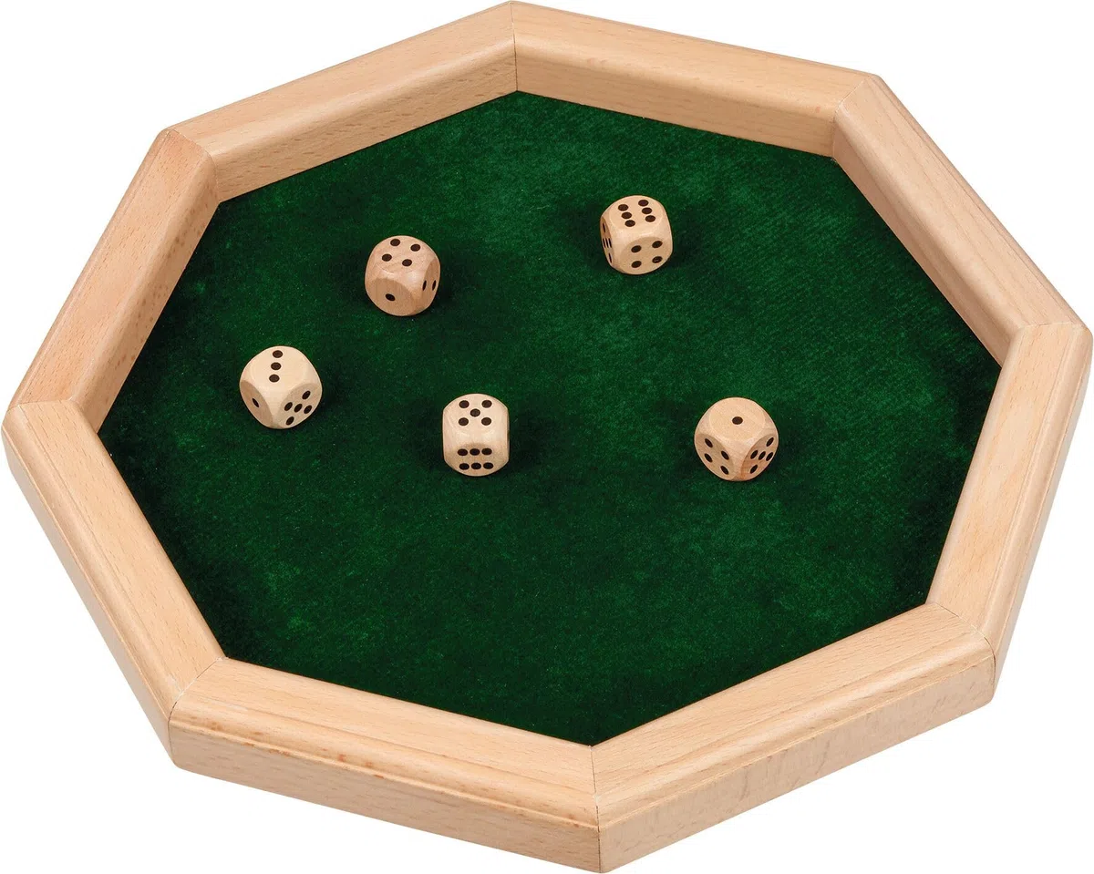 goki 56954 Holz-Würfelplatte mit 5 Würfeln - 25,7 cm Durchmesser, grüne Filzoberfläche - perfekt für Würfelspiele für sicheres Würfeln mit Kindern