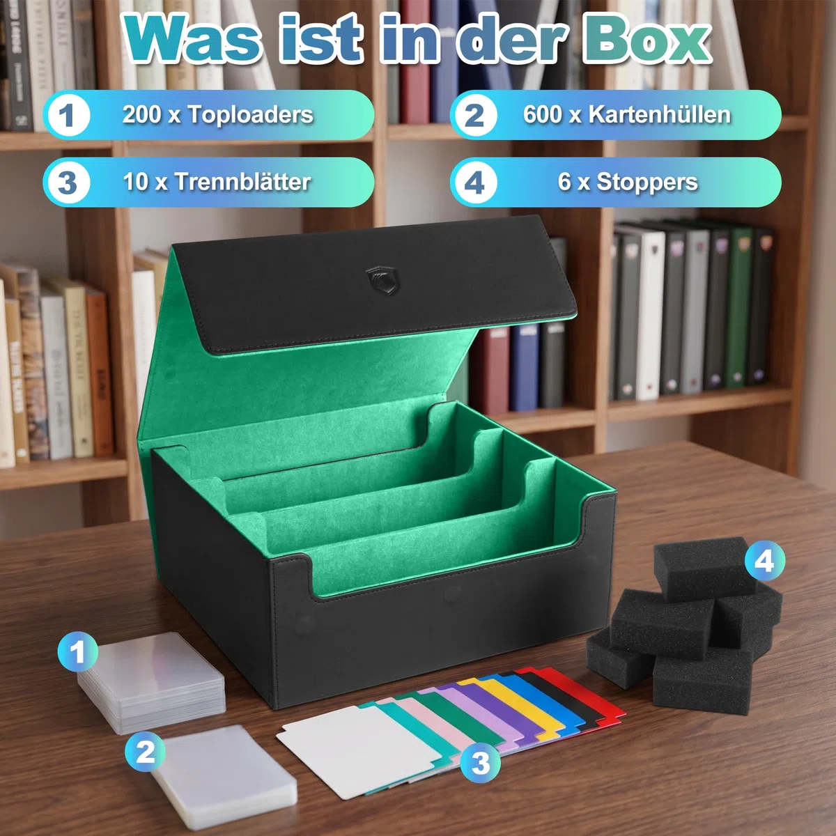 Kartenbox mit 200 Toploadern und 600 Kartenhüllen, Fasst 1800 eingehüllte Karten, Sammelkarten-Aufbewahrungsbox mit Magnetverschluss, 10 Trennern & 6 Stoppern für Sportkarten & TCGs (Schwarz und Grün)