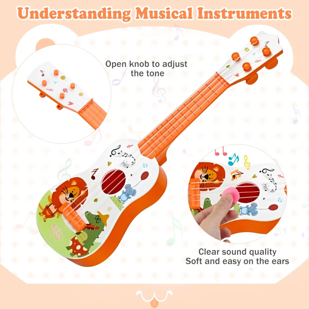 42cm Kindergitarre Mit 4 verstellbaren Saiten Ukulele Gitarre Spielzeug für Kleinkinder Anfänger Jungen Mädchen(Löwe)