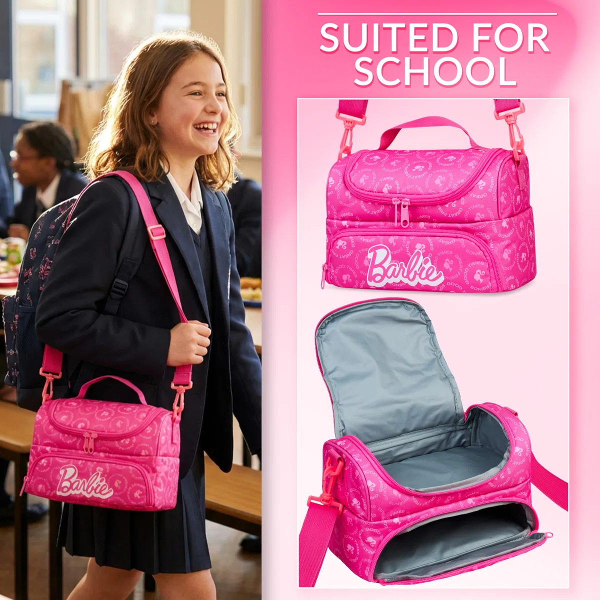 Get Trend Barbie Isolierte Lunchtasche Kinder, Lunch Bag für Brotdose, 2 Fächer & Abnehmbarer Schultergurt, Thermo Kühltasche für Schule Picknick Kita, Geschenk für Mädchen & Teenager