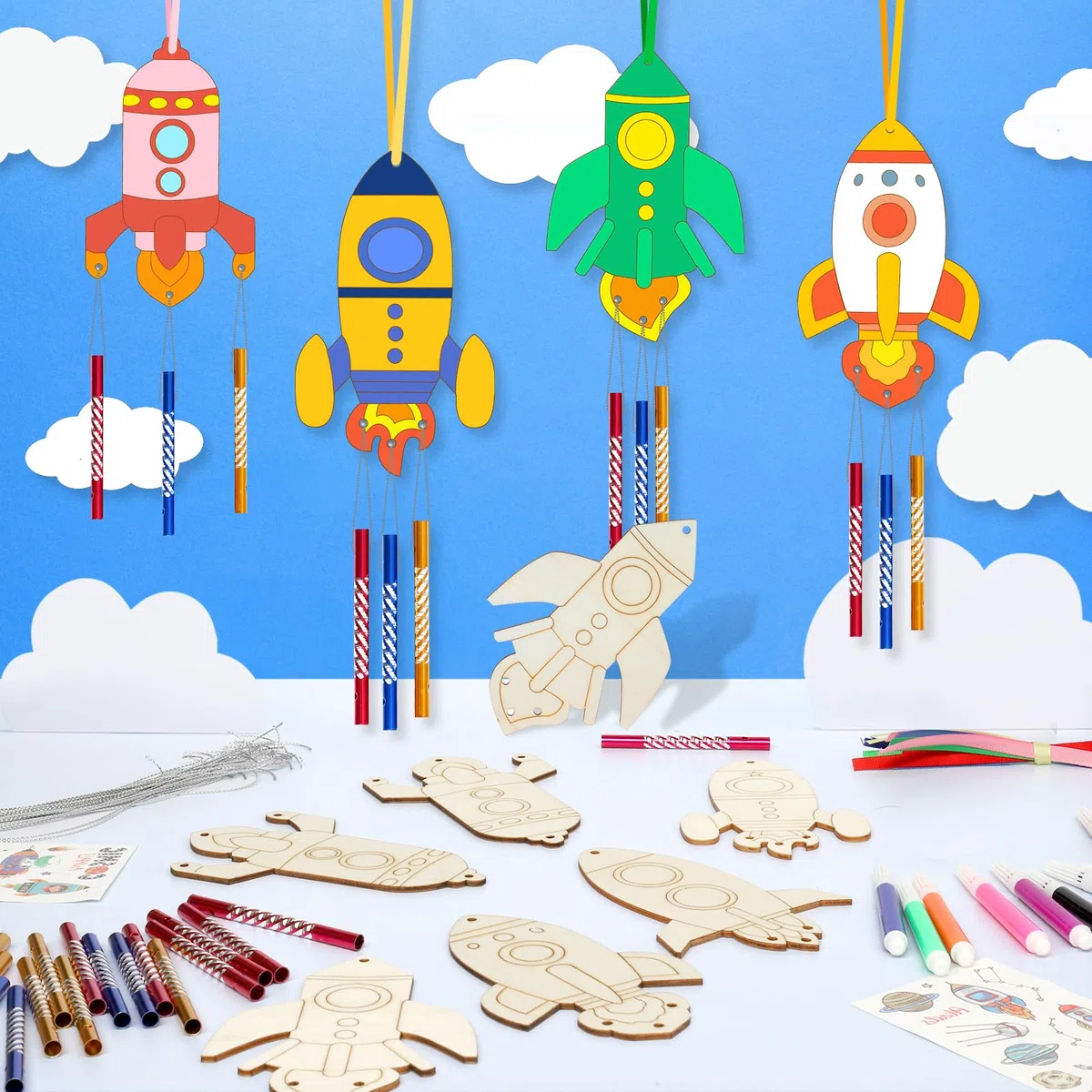 Kaluofan Windspiel Bastelset Kinder,12 STK Raketen Windspiel Basteln,DIY Kindergeburtstag Basteln Holz zum Bemalen,Weltraum Bastelset Kindergeburtstag für Jungen Mädchen Outdoor Party Deko