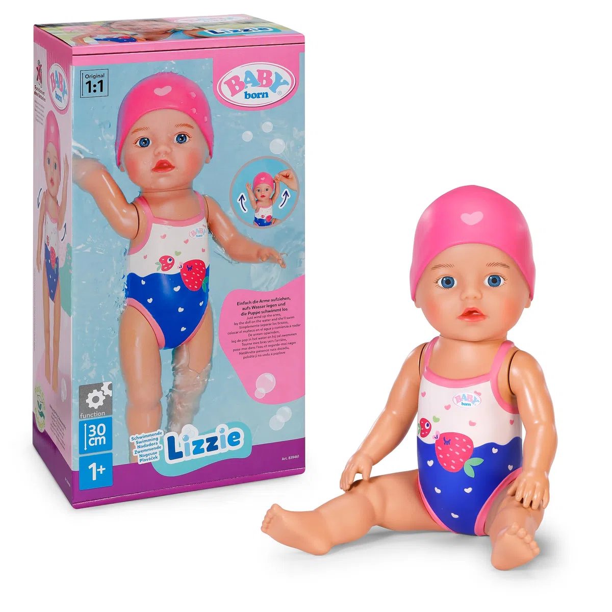 BABY Born Schwimmende Lizzie 30cm, Aufzieh-Badepuppe, wasserfest, funktioniert ohne Batterien, für Kinder ab 1 Jahr