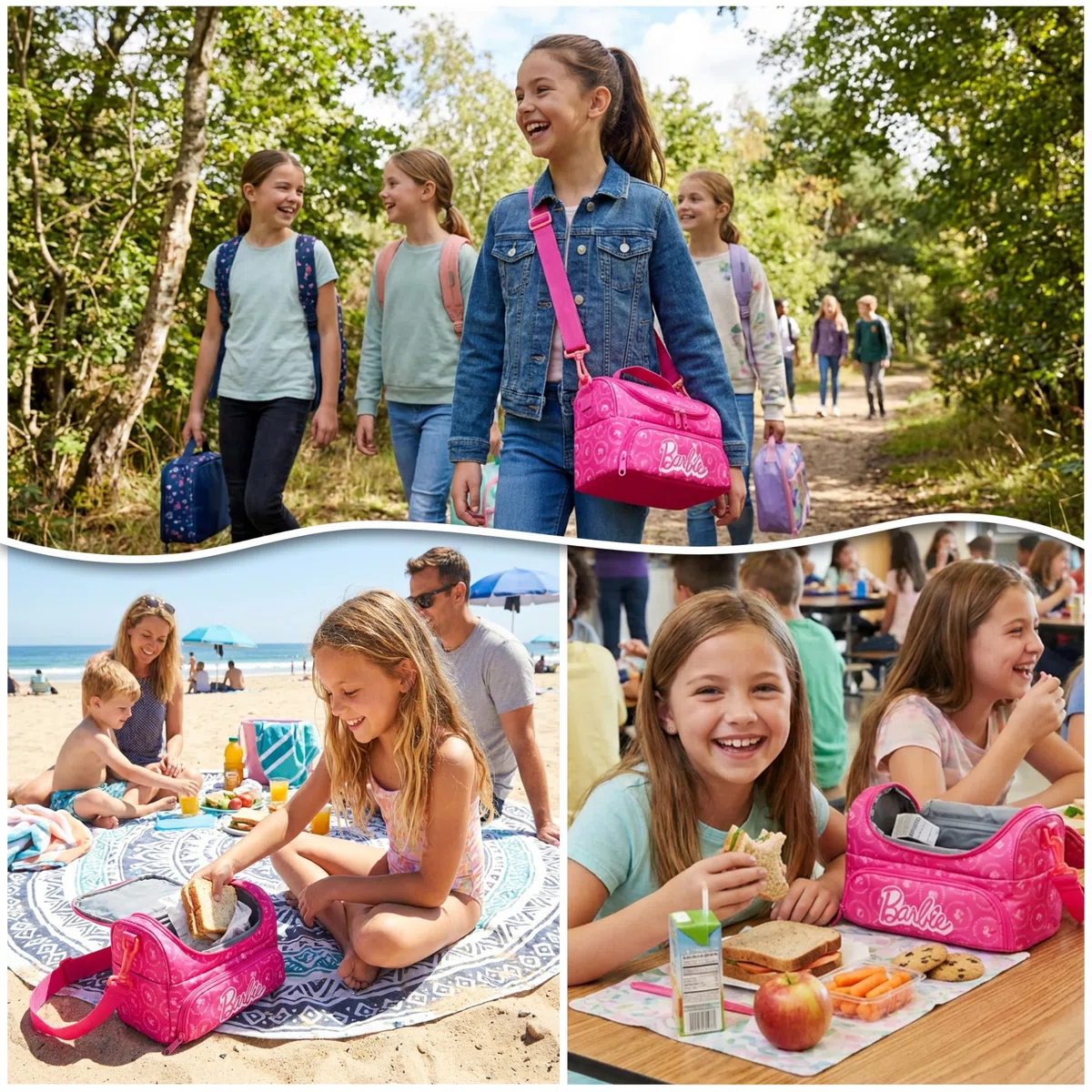 Get Trend Barbie Isolierte Lunchtasche Kinder, Lunch Bag für Brotdose, 2 Fächer & Abnehmbarer Schultergurt, Thermo Kühltasche für Schule Picknick Kita, Geschenk für Mädchen & Teenager