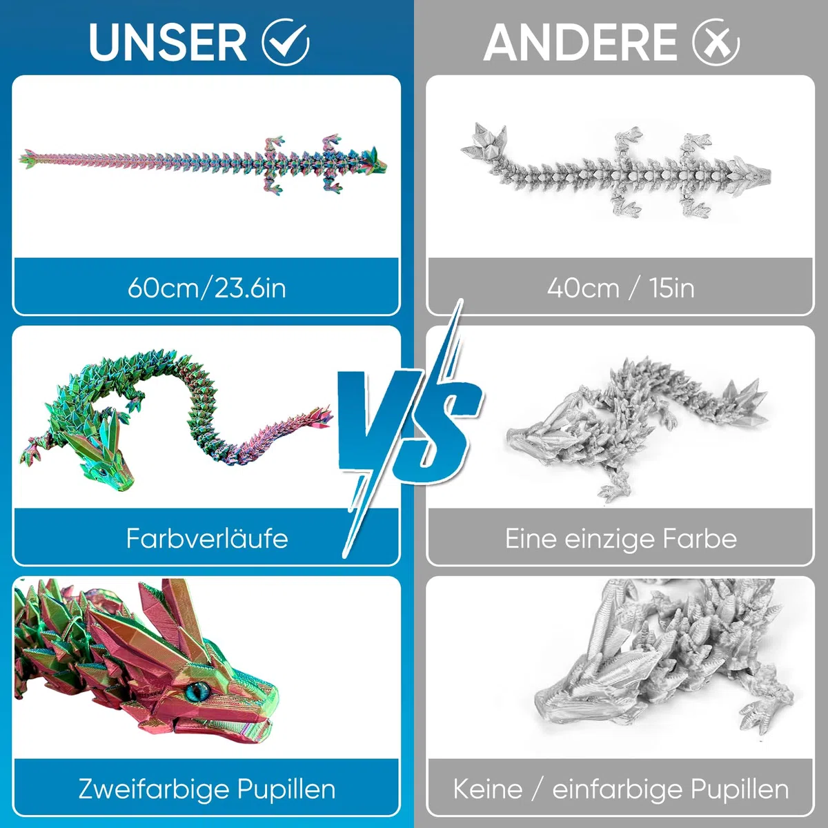 3D Gedruckter Drache Beweglich 60cm - Kristall Drachen Spielzeug Aus Pla Mit Farbverlauf - Articulated Dragon Fidget Toy - Deko Figur Für Jungen Und Mädchen & Erwachsene - 3D Drache, Ostergeschenke