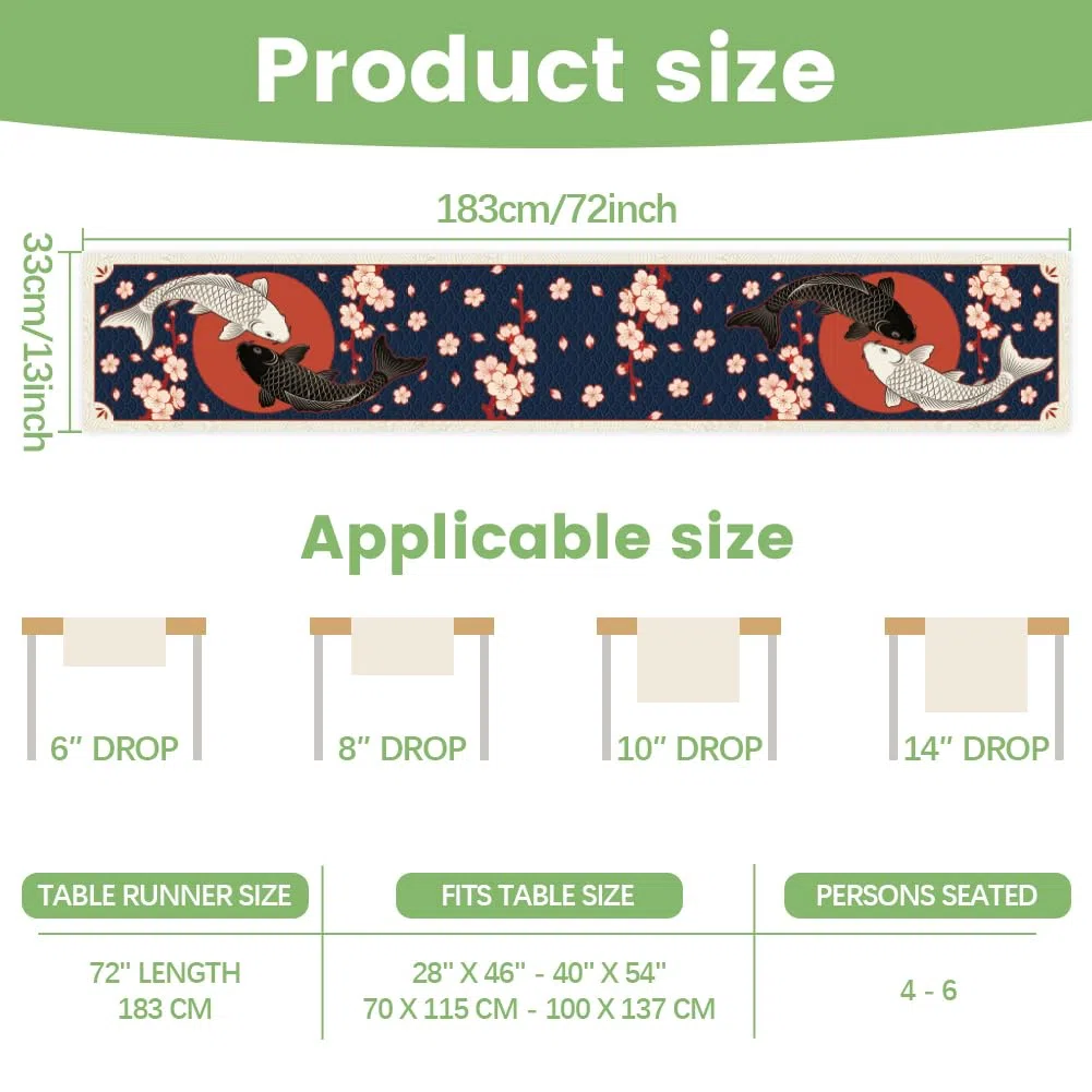 WADORN Japanisch koi Fisch Tischläufer 1.8x0.3m Kirschblüte asiatisch Tischläufer lang Bauernhaus rustikal Küche Esszimmer Schreibtisch Deko für Frühling Sommer Feiertag Party Deko