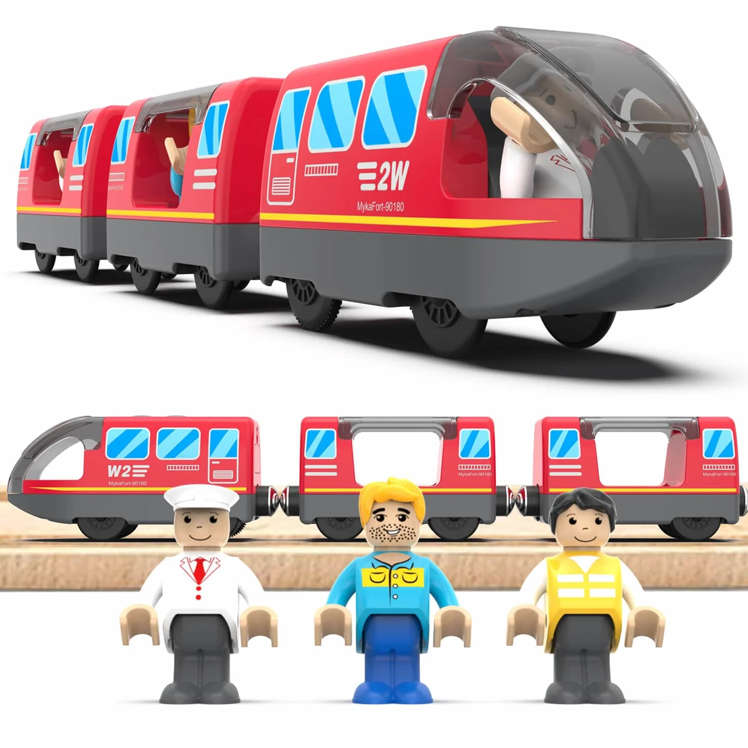 LiRiQi Eisenbahn elektrische lok Holzeisenbahn Zug Kinder, Batteriebetriebener Lokomotivzug, Motorzug kompatibel mit Thomas Brio, Geschenk Spielzeug für Junge Mädchen ab 3 Jahren, Rot