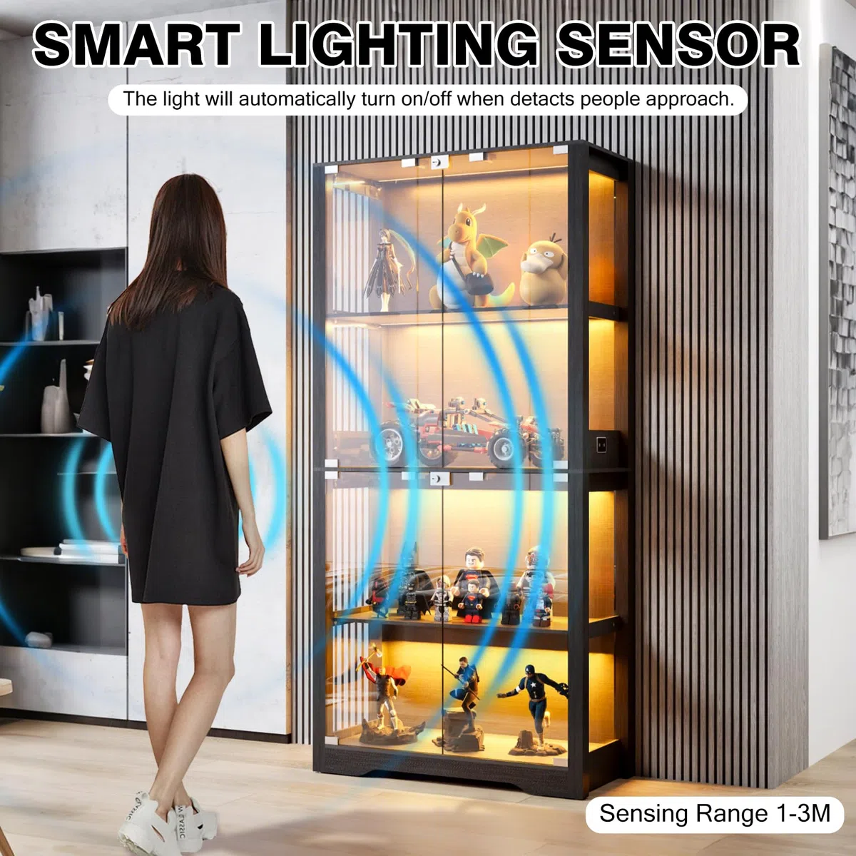 Vitrine mit LED Beleuchtung und Glastüren, Sammlervitrine für Kuriositäten Actionfiguren, Ausstellungsvitrine mit Intelligente Sensorik, 4-Lagen Vitrine für Wohnzimmer Büro (Schwarz：165*80*35cm)