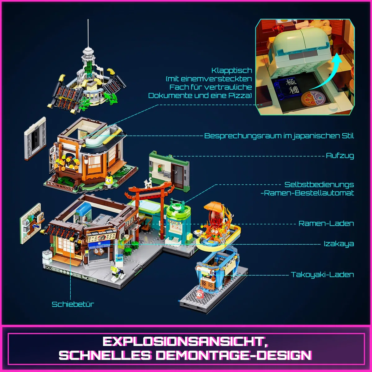 FUNWHOLE Cyberpunk Japanisches Izakaya Licht-Baustein Set – 1987 Teile Modularer Cyberpunk Neon-Stadt Zukunfts-Pub Japanische Straßenszene LED-Licht Modellset für Erwachsene und Sci-Fi-Fans