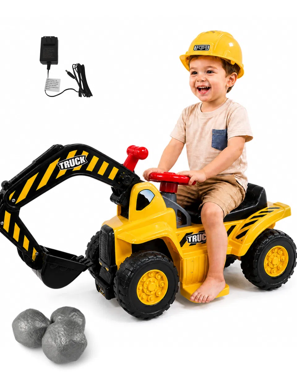 Elektrischer Kinder-Bagger, 6 V wiederaufladbarer Akku, Aufsitzbagger für Kinder ab 2 Jahren, Geräusche, Aufbewahrung, Spielzeug-Hut und 3 Felsen