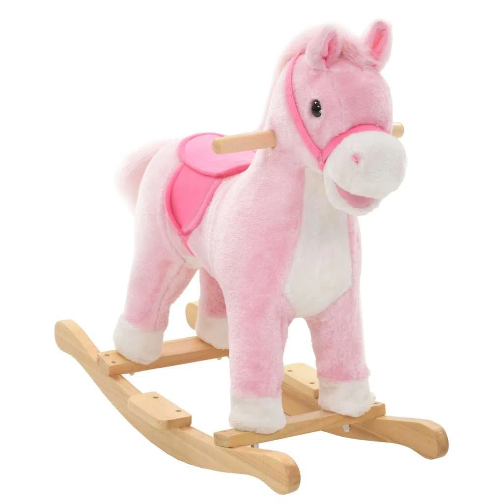 Schaukeltier Pferd Rosa für Kleinkinder, Schaukelpferd mit Metallrahmen und Holzsockel, Kuscheliges Plüschpferd für Kinder von 12 bis 36 Monaten, 65x32x58 cm