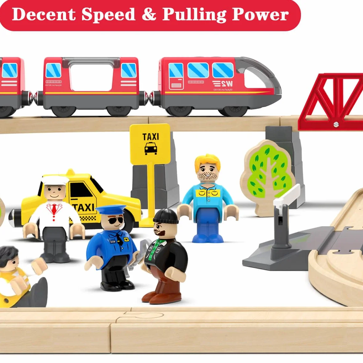 LiRiQi Eisenbahn elektrische lok Holzeisenbahn Zug Kinder, Batteriebetriebener Lokomotivzug, Motorzug kompatibel mit Thomas Brio, Geschenk Spielzeug für Junge Mädchen ab 3 Jahren, Rot
