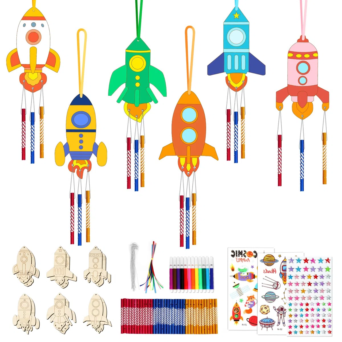 Kaluofan Windspiel Bastelset Kinder,12 STK Raketen Windspiel Basteln,DIY Kindergeburtstag Basteln Holz zum Bemalen,Weltraum Bastelset Kindergeburtstag für Jungen Mädchen Outdoor Party Deko